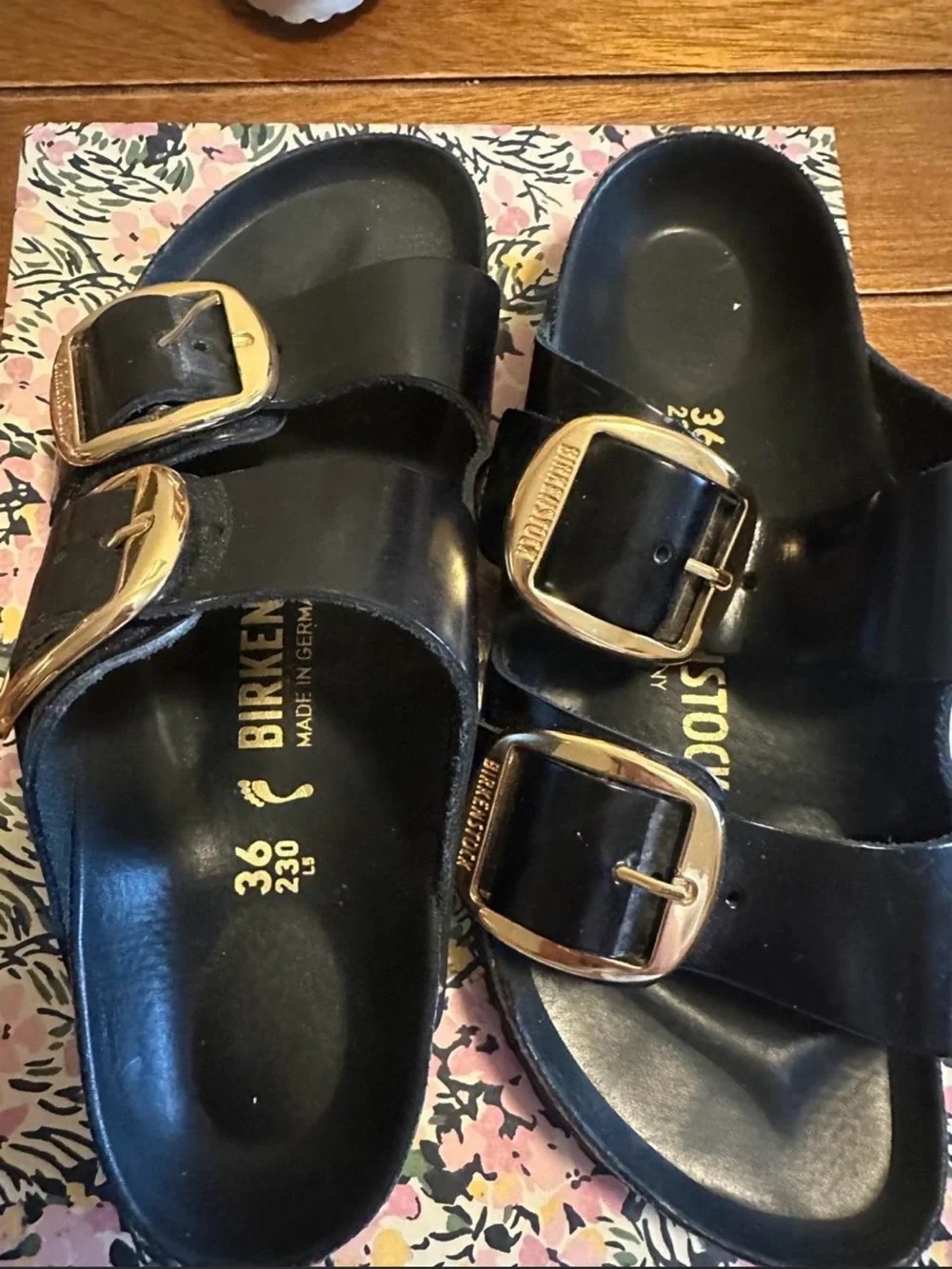 Birkenstock Black Two-Buckle Sandals with Gold Buckles